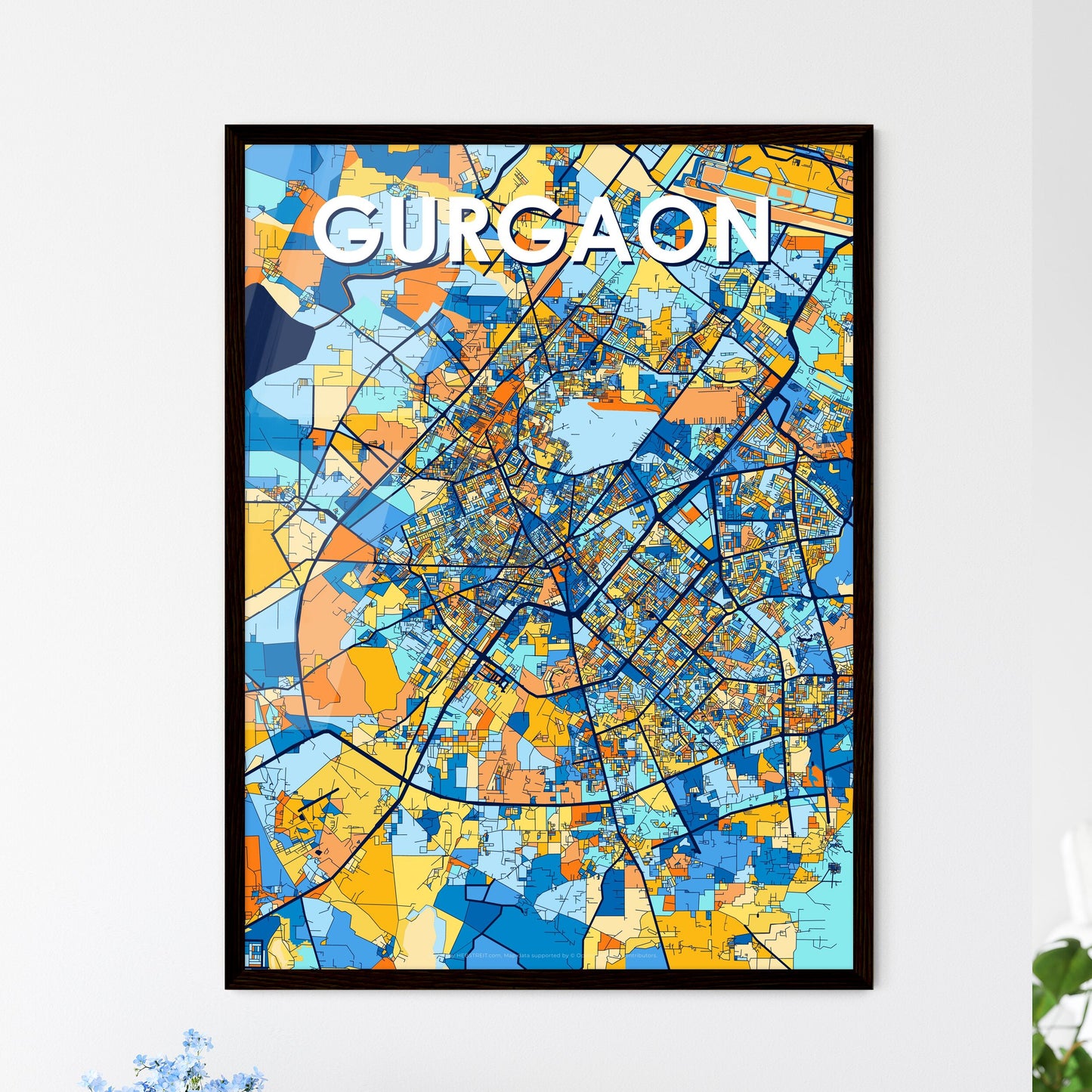 GURGAON INDIA Vibrant Colorful Art Map Poster Blue Orange