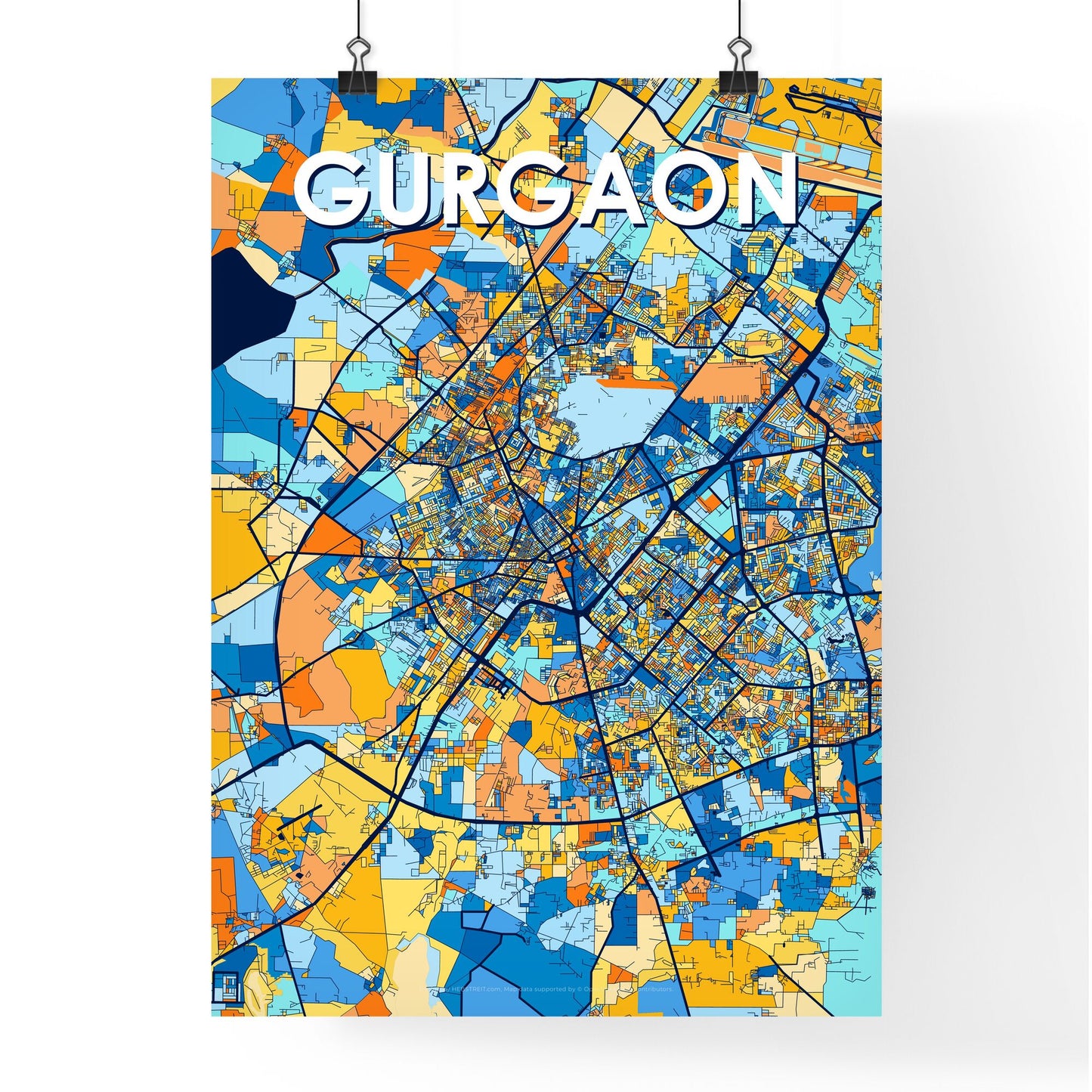 GURGAON INDIA Vibrant Colorful Art Map Poster Blue Orange