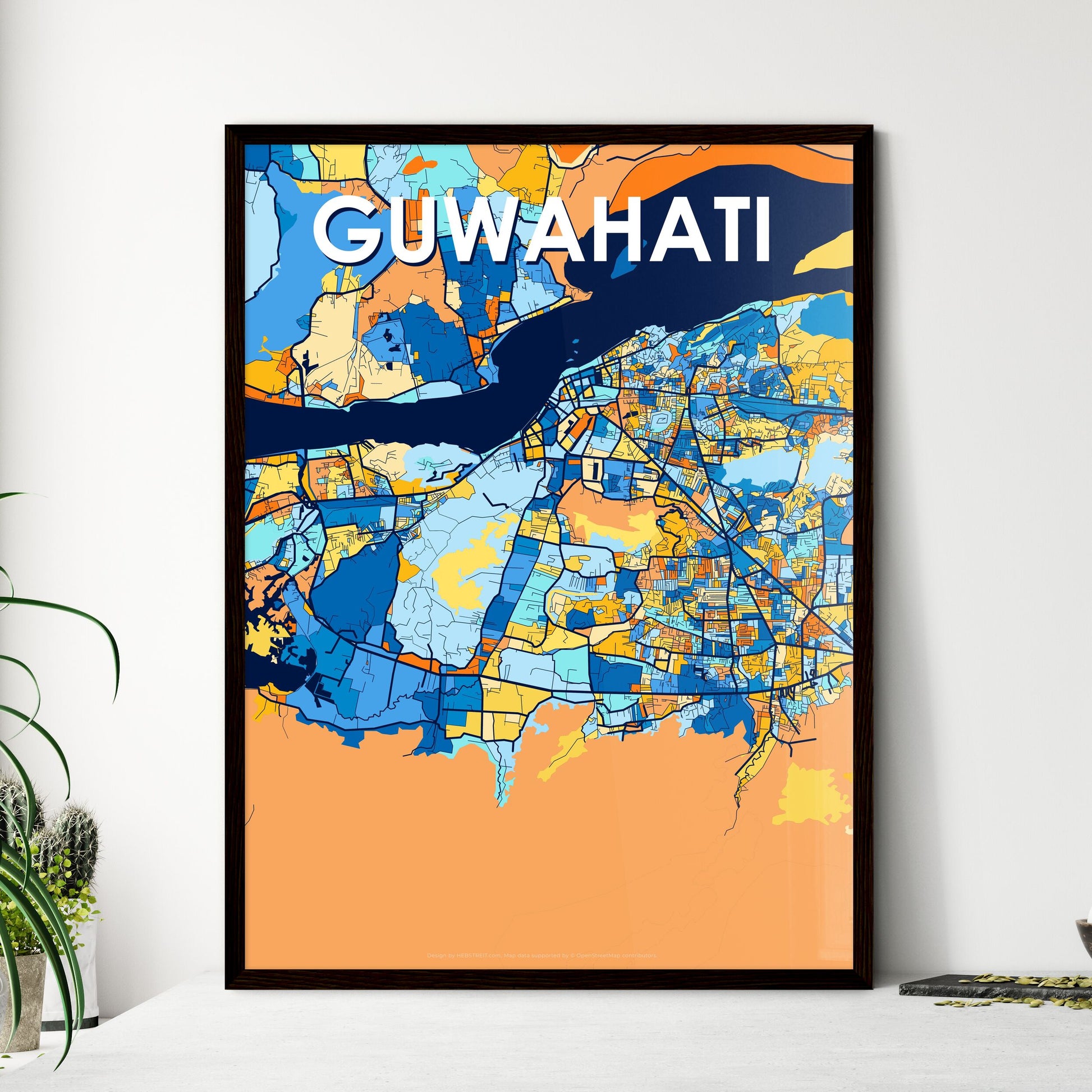 GUWAHATI INDIA Vibrant Colorful Art Map Poster Blue Orange