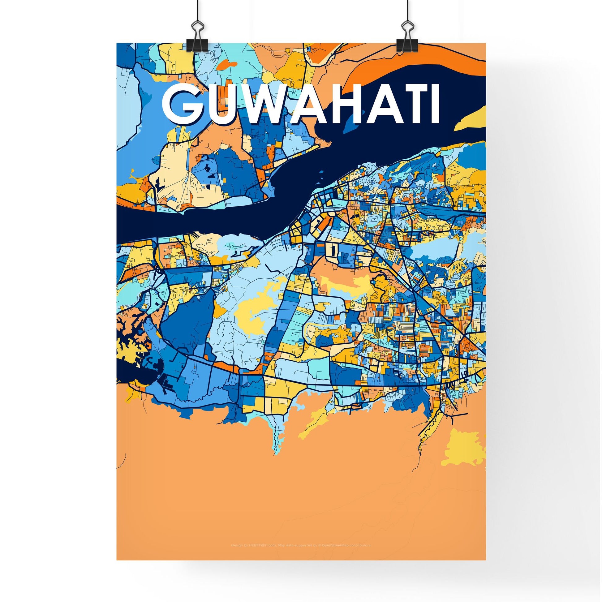 GUWAHATI INDIA Vibrant Colorful Art Map Poster Blue Orange