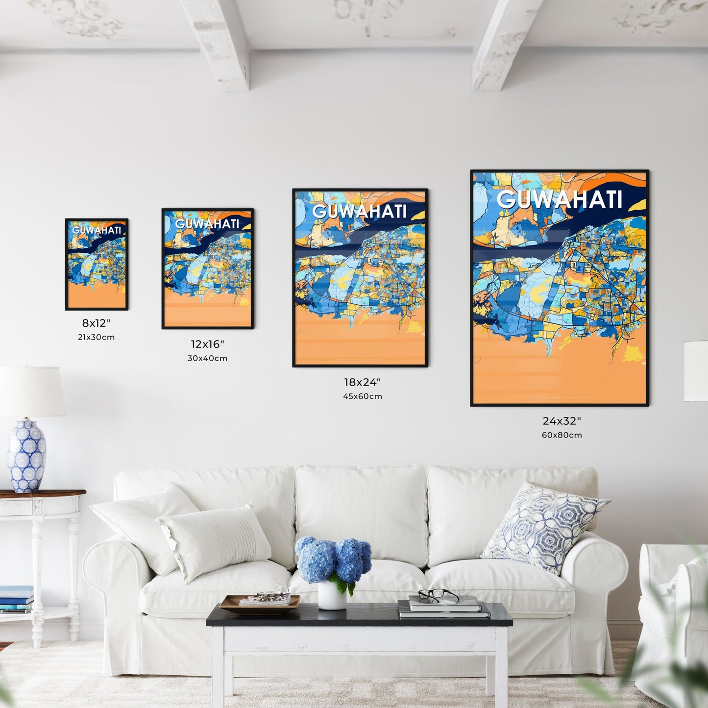 GUWAHATI INDIA Vibrant Colorful Art Map Poster Blue Orange