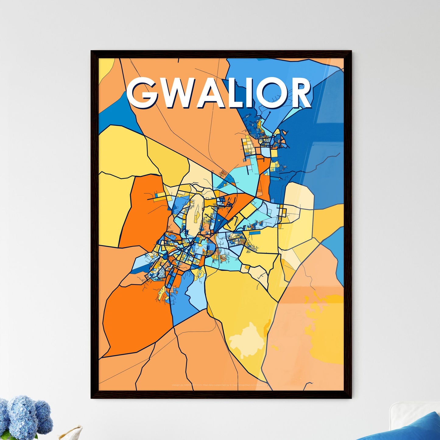 GWALIOR INDIA Vibrant Colorful Art Map Poster Blue Orange