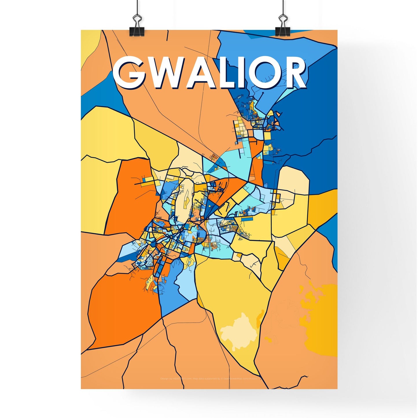 GWALIOR INDIA Vibrant Colorful Art Map Poster Blue Orange