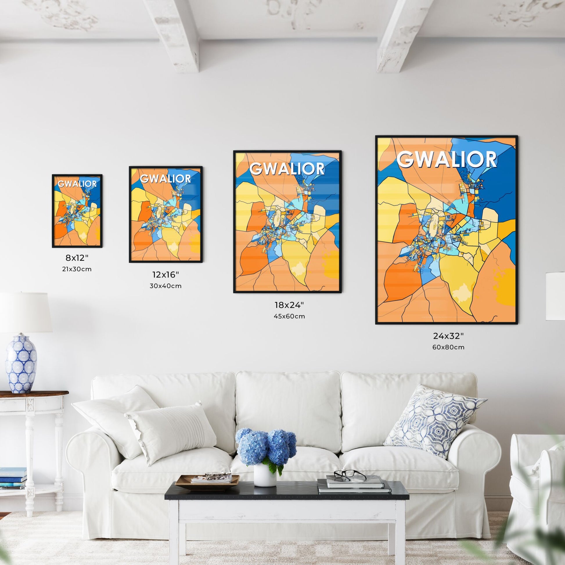 GWALIOR INDIA Vibrant Colorful Art Map Poster Blue Orange