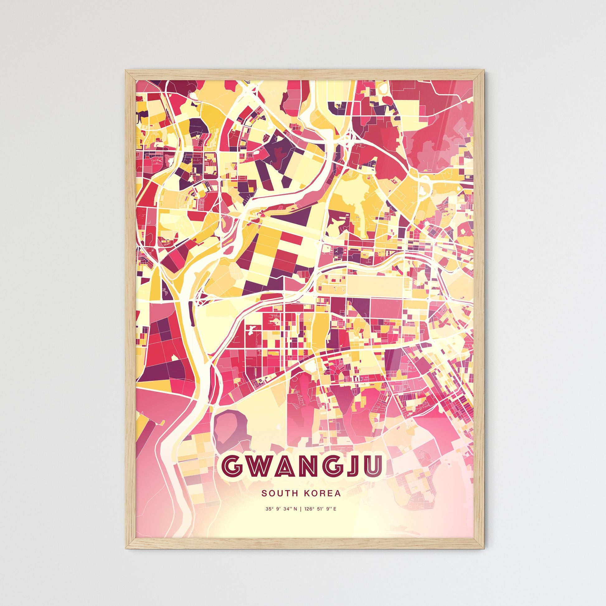 Colorful Gwangju South Korea Fine Art Map Hot Red