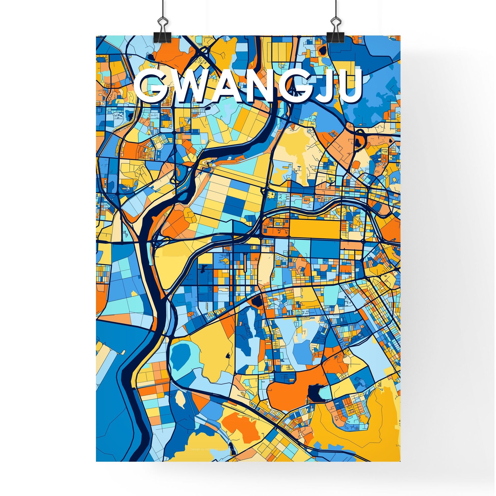 GWANGJU SOUTH KOREA Vibrant Colorful Art Map Poster Blue Orange