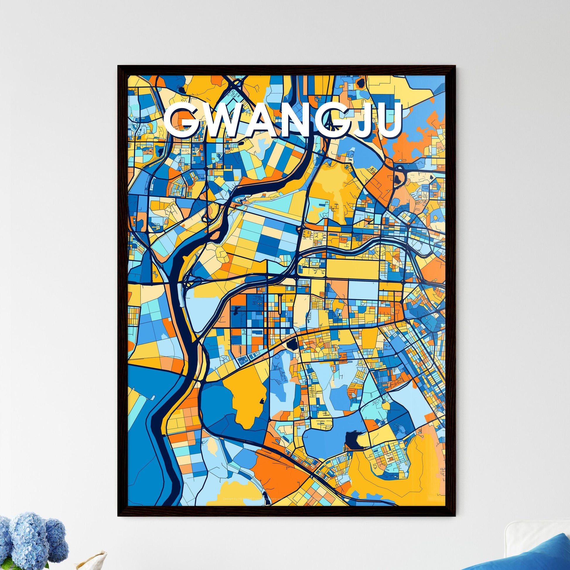 GWANGJU SOUTH KOREA Vibrant Colorful Art Map Poster Blue Orange