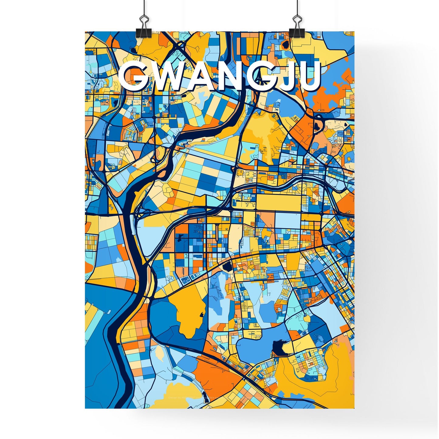 GWANGJU SOUTH KOREA Vibrant Colorful Art Map Poster Blue Orange