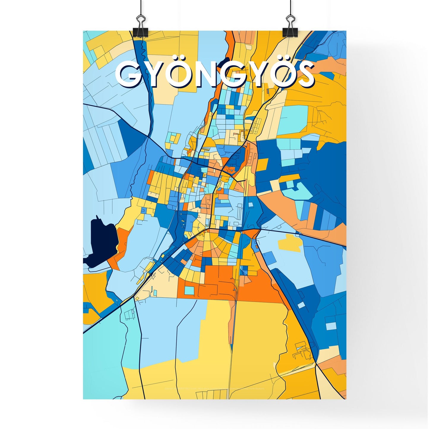 GYÖNGYÖS HUNGARY Vibrant Colorful Art Map Poster Blue Orange