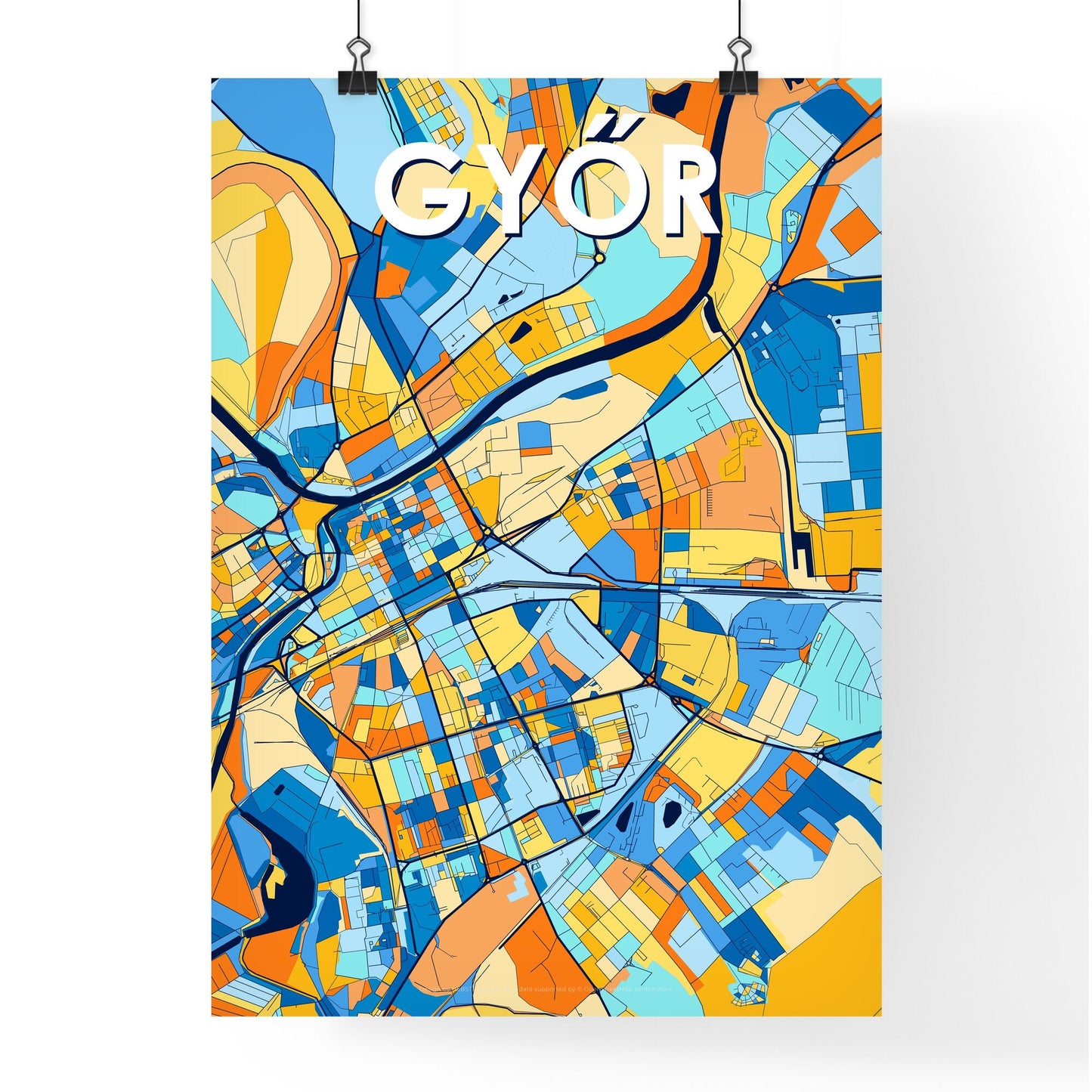 GYŐR HUNGARY Vibrant Colorful Art Map Poster Blue Orange