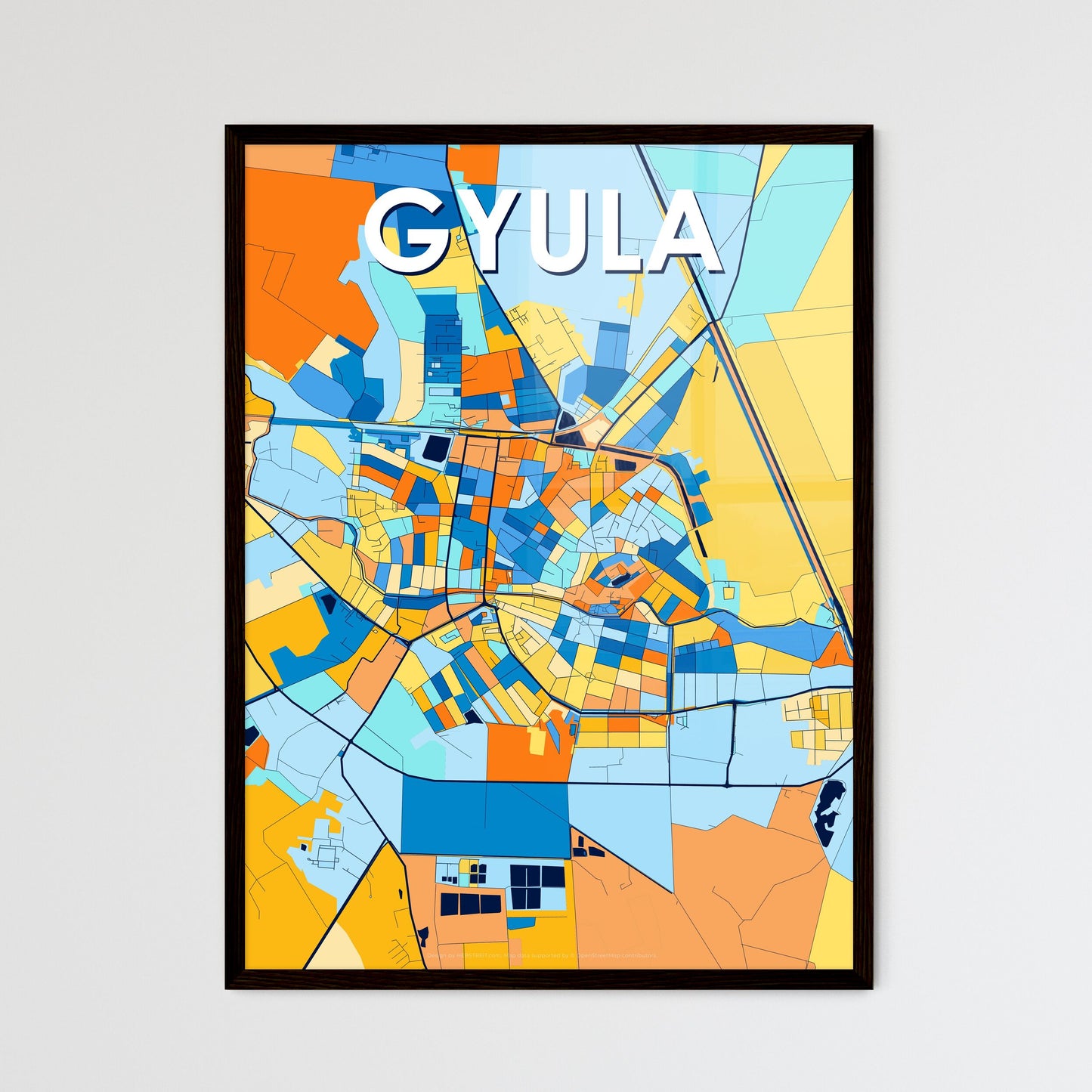 GYULA HUNGARY Vibrant Colorful Art Map Poster Blue Orange