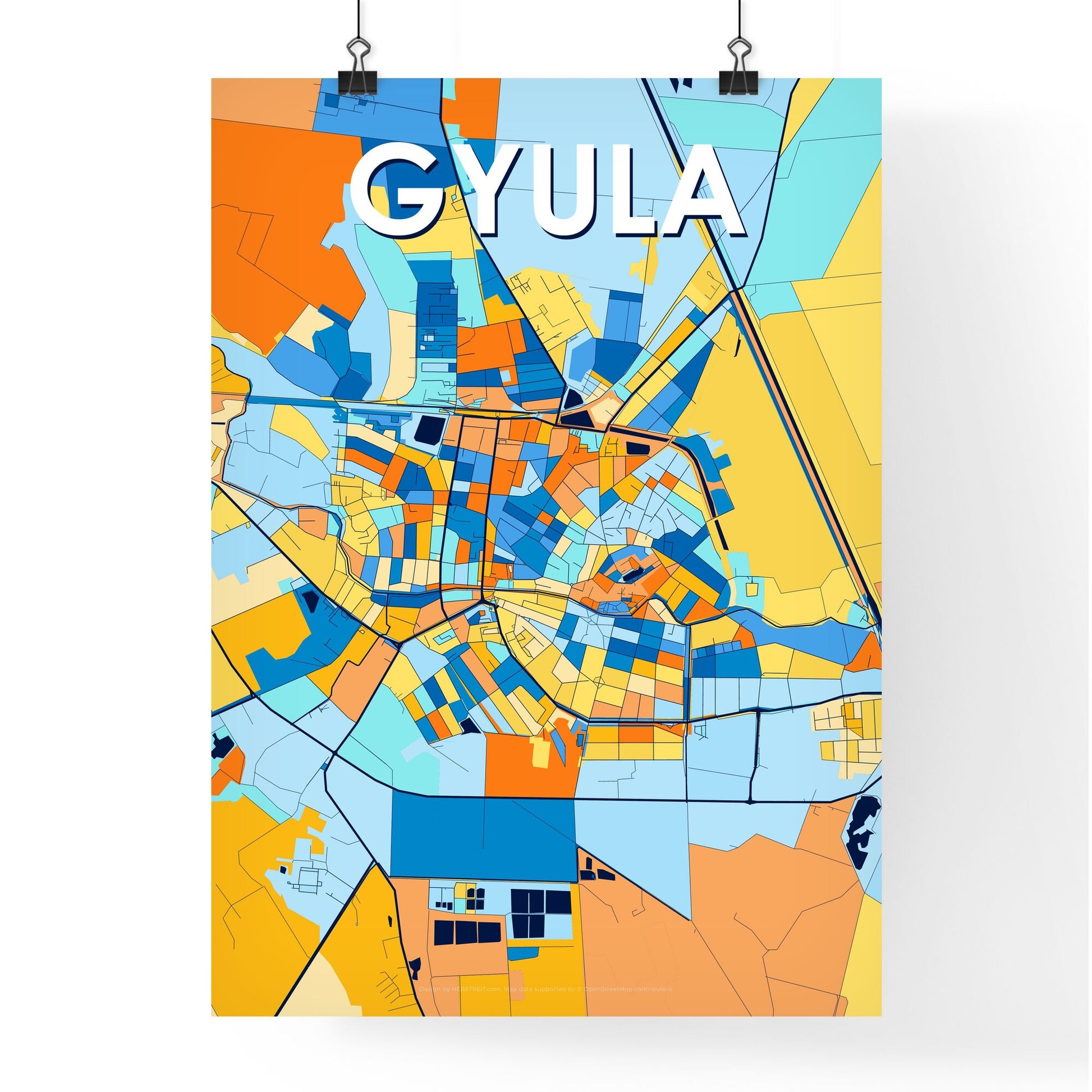 GYULA HUNGARY Vibrant Colorful Art Map Poster Blue Orange