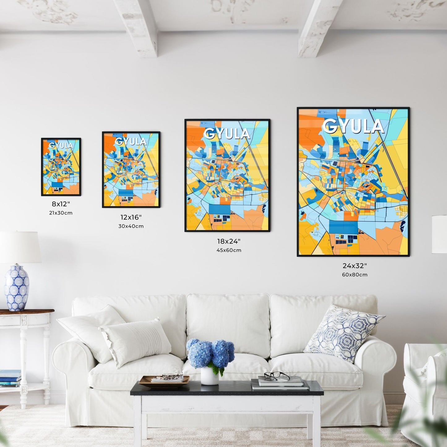 GYULA HUNGARY Vibrant Colorful Art Map Poster Blue Orange