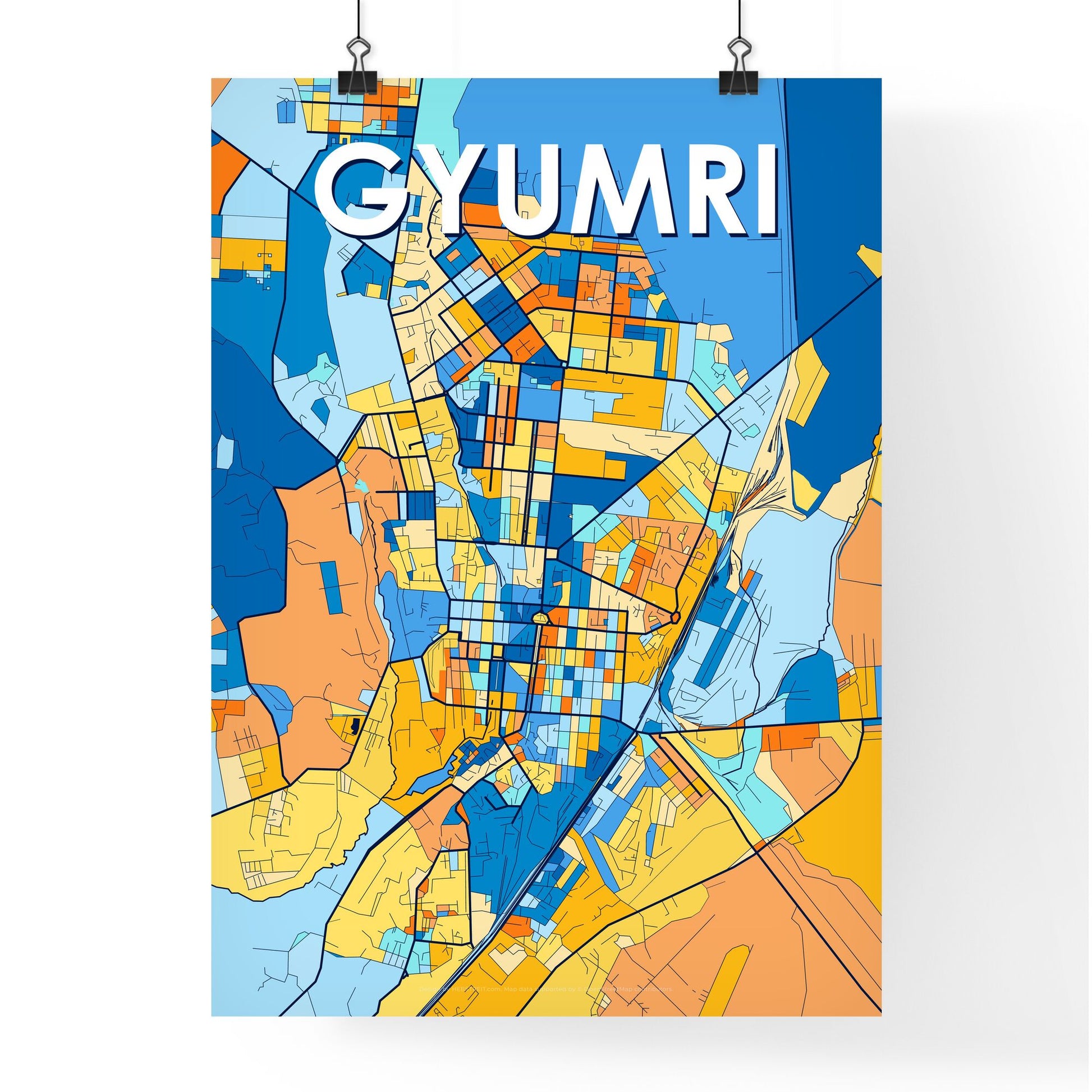 GYUMRI ARMENIA Vibrant Colorful Art Map Poster Blue Orange