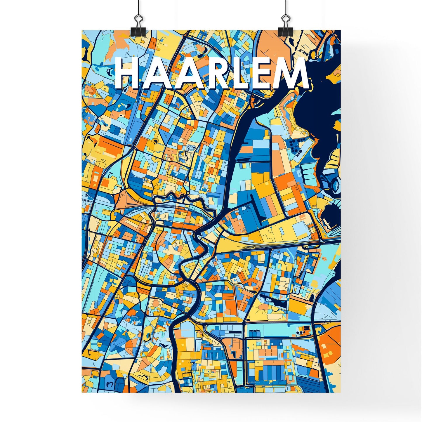 HAARLEM NETHERLANDS Vibrant Colorful Art Map Poster Blue Orange