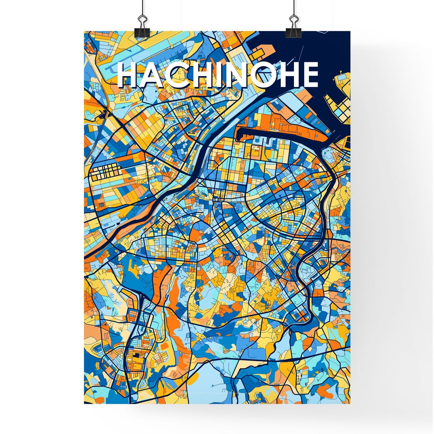 HACHINOHE JAPAN Vibrant Colorful Art Map Poster Blue Orange