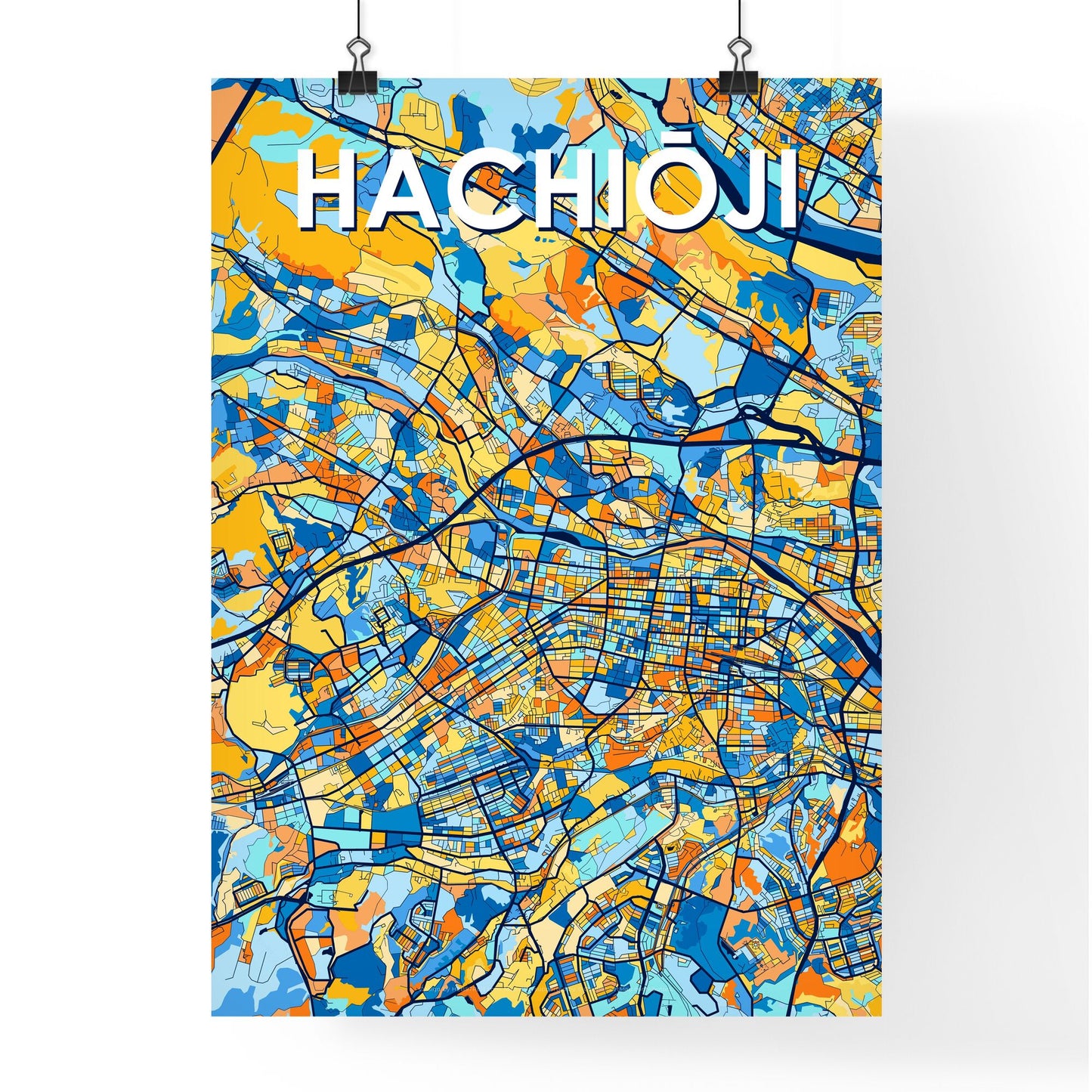 HACHIŌJI JAPAN Vibrant Colorful Art Map Poster Blue Orange