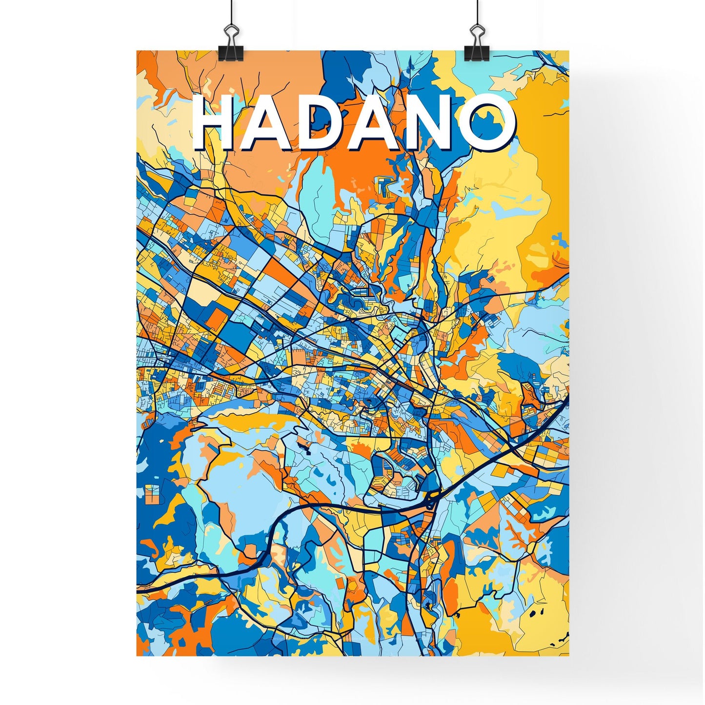 HADANO JAPAN Vibrant Colorful Art Map Poster Blue Orange