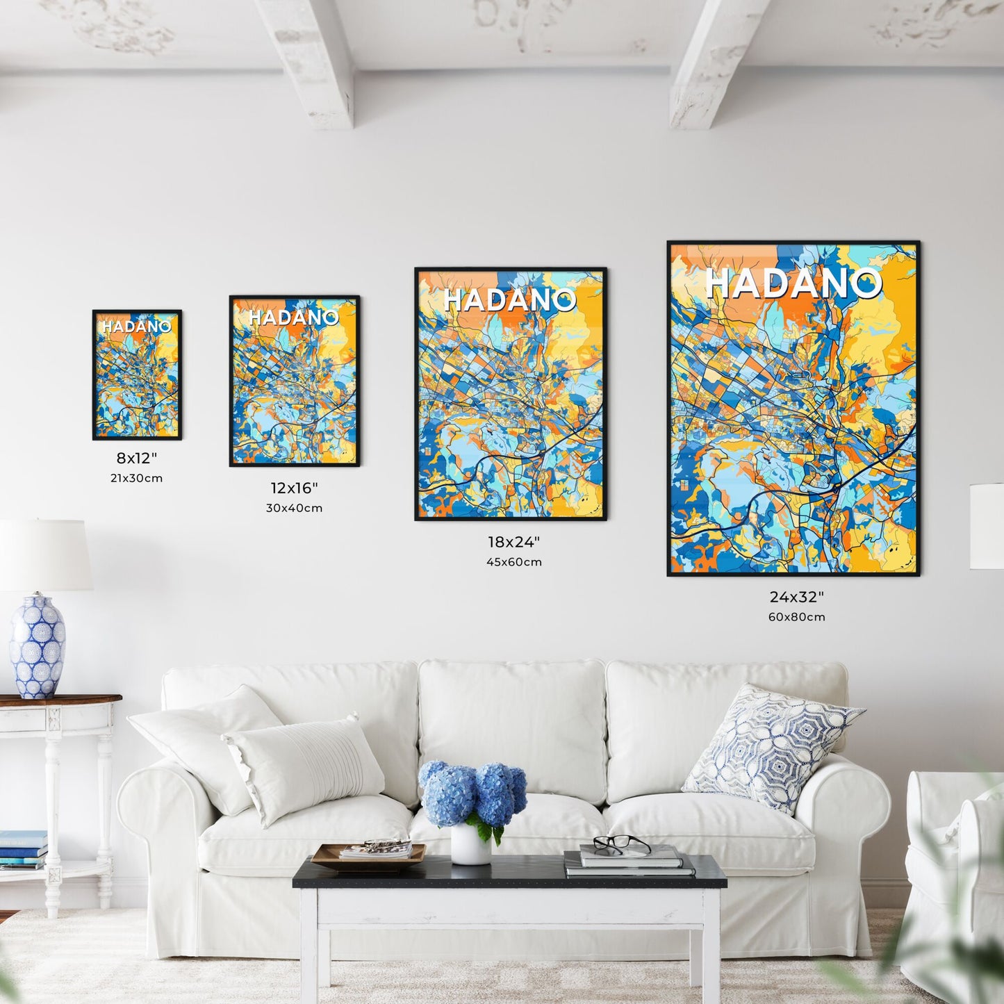 HADANO JAPAN Vibrant Colorful Art Map Poster Blue Orange