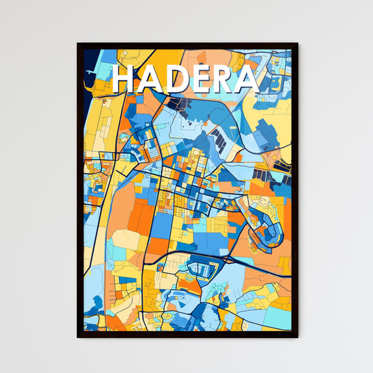 HADERA ISRAEL Vibrant Colorful Art Map Poster Blue Orange