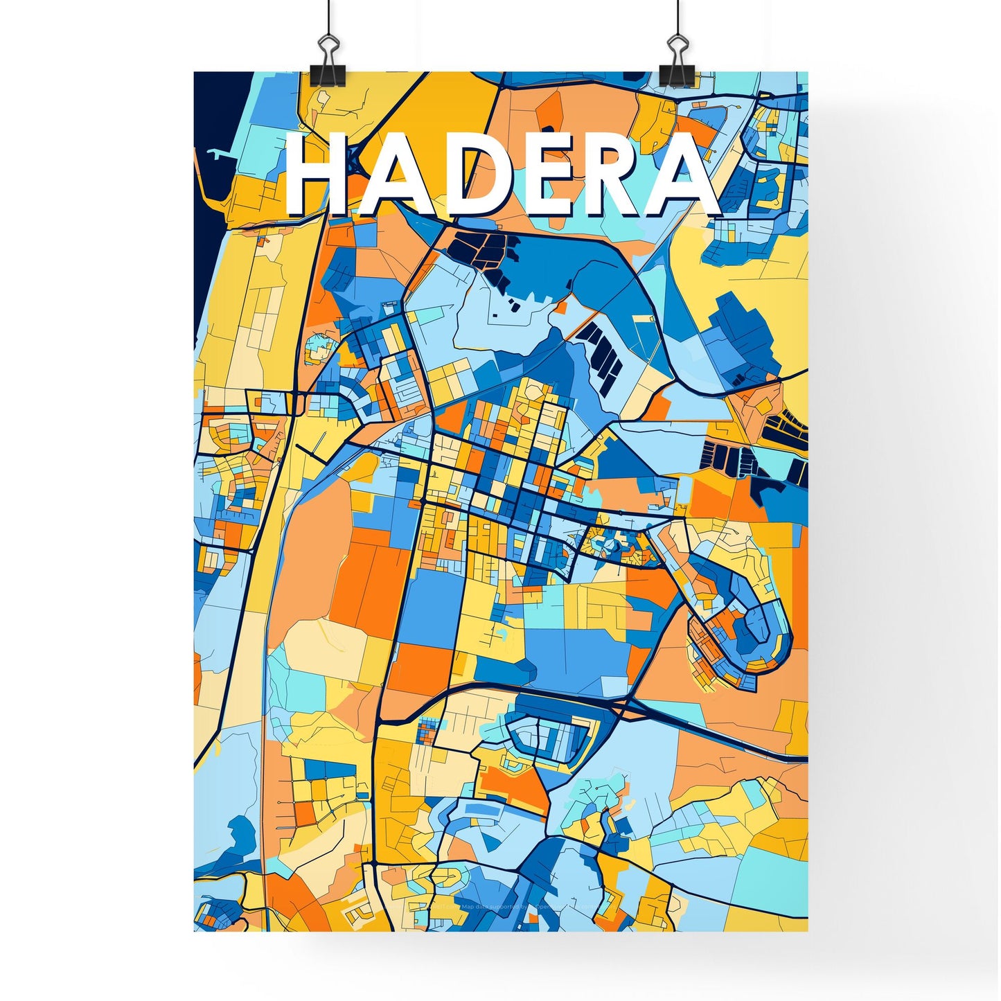 HADERA ISRAEL Vibrant Colorful Art Map Poster Blue Orange