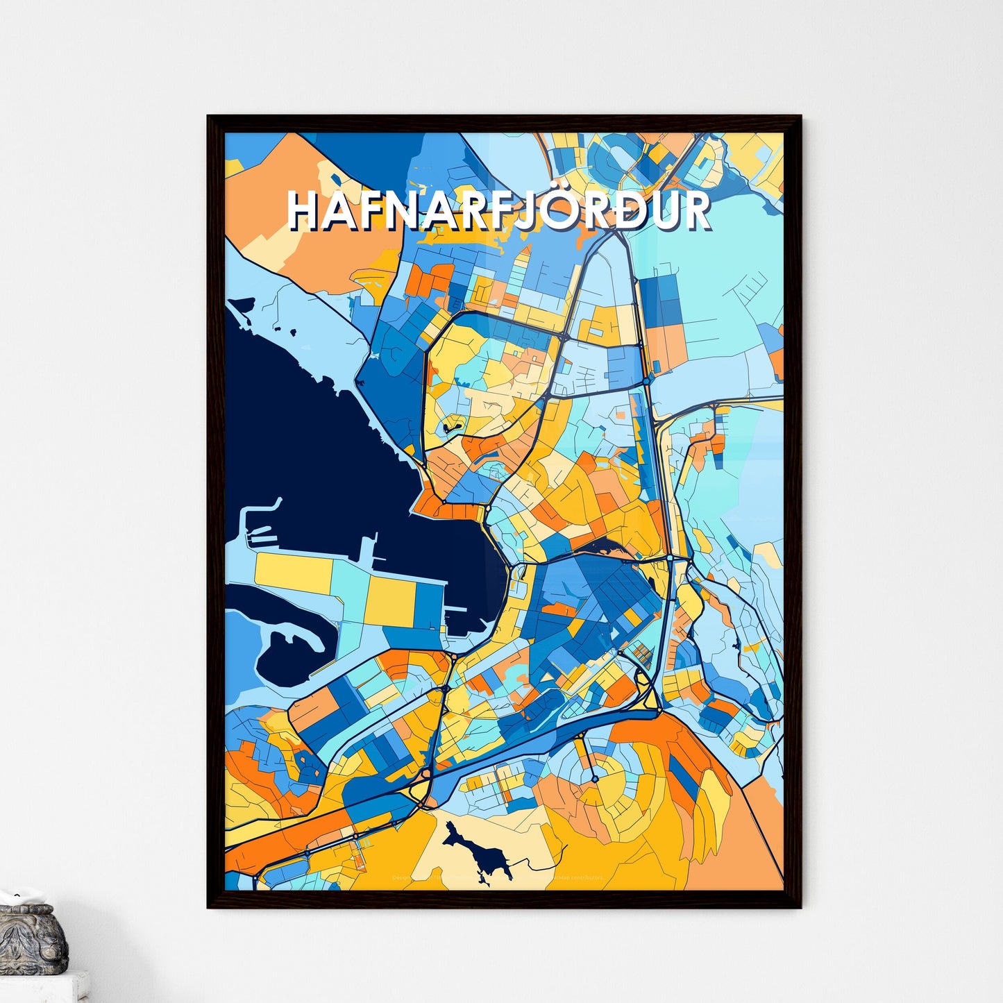 HAFNARFJÖRÐUR ICELAND Vibrant Colorful Art Map Poster Blue Orange