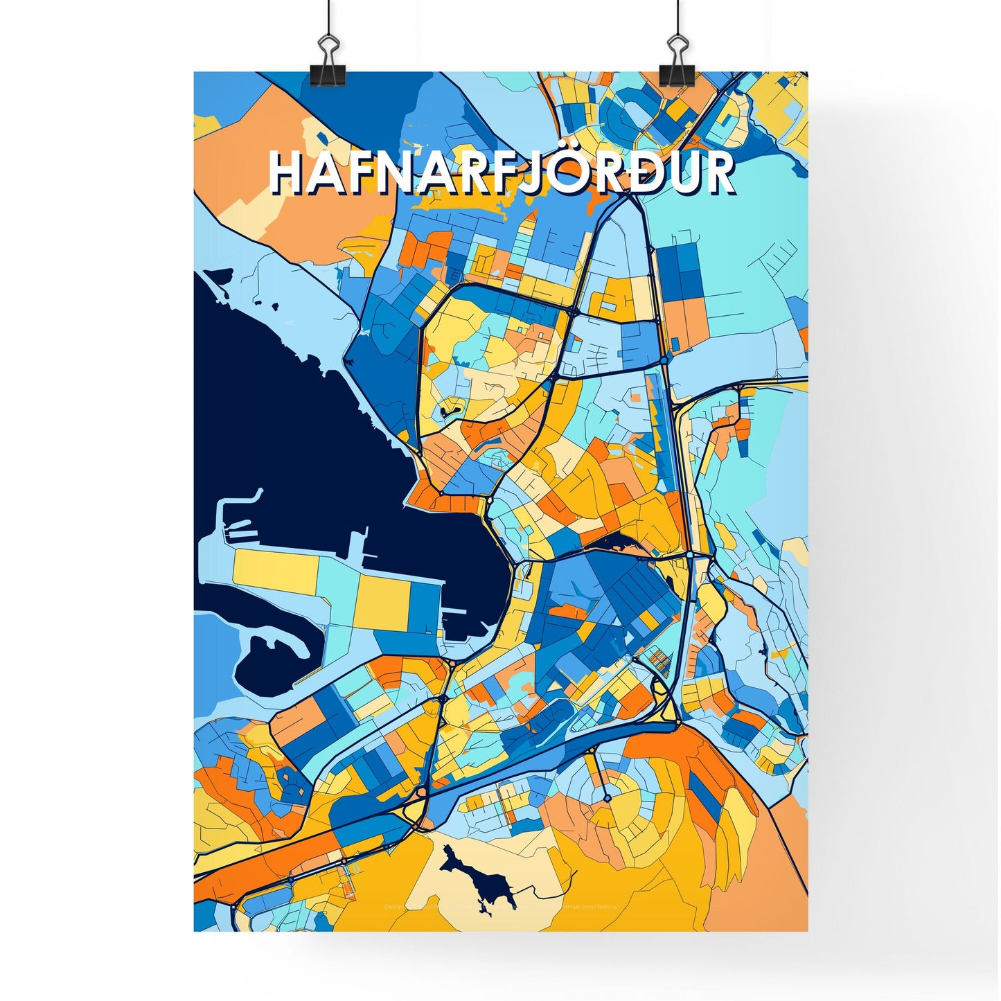 HAFNARFJÖRÐUR ICELAND Vibrant Colorful Art Map Poster Blue Orange