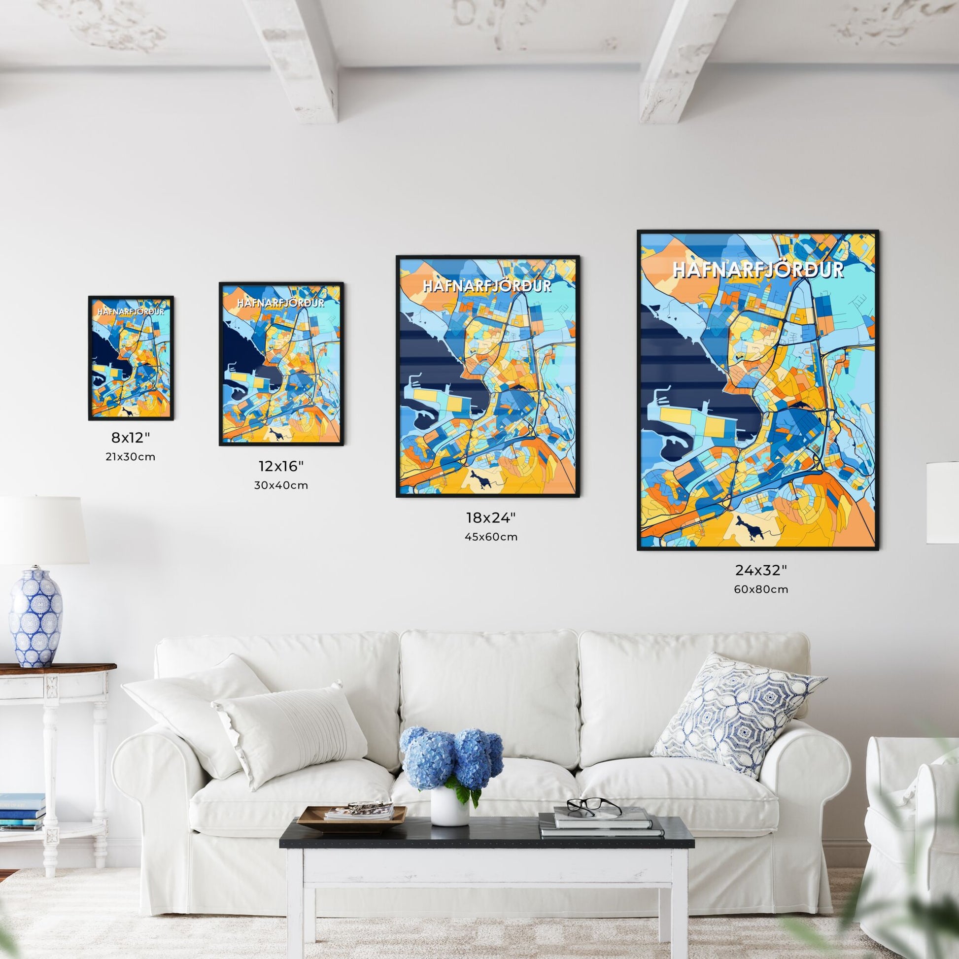 HAFNARFJÖRÐUR ICELAND Vibrant Colorful Art Map Poster Blue Orange