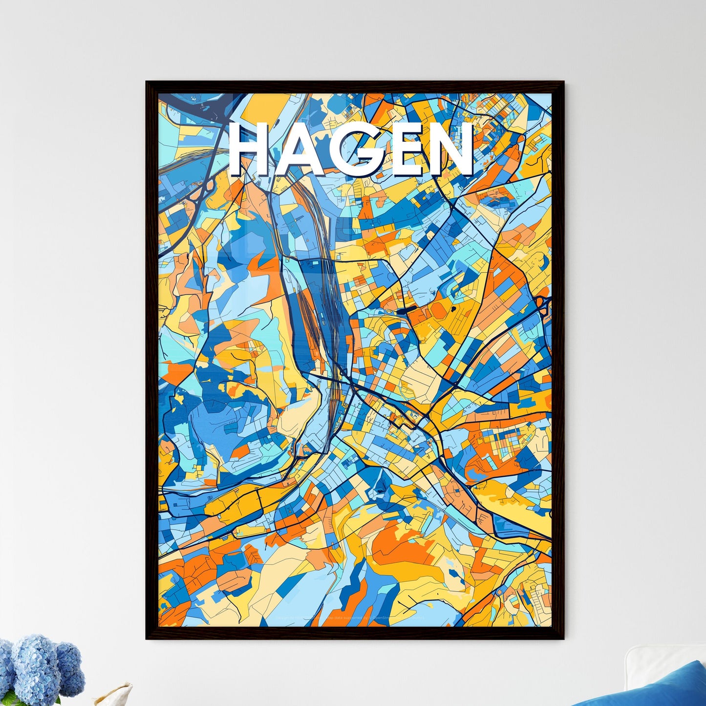 HAGEN GERMANY Vibrant Colorful Art Map Poster Blue Orange