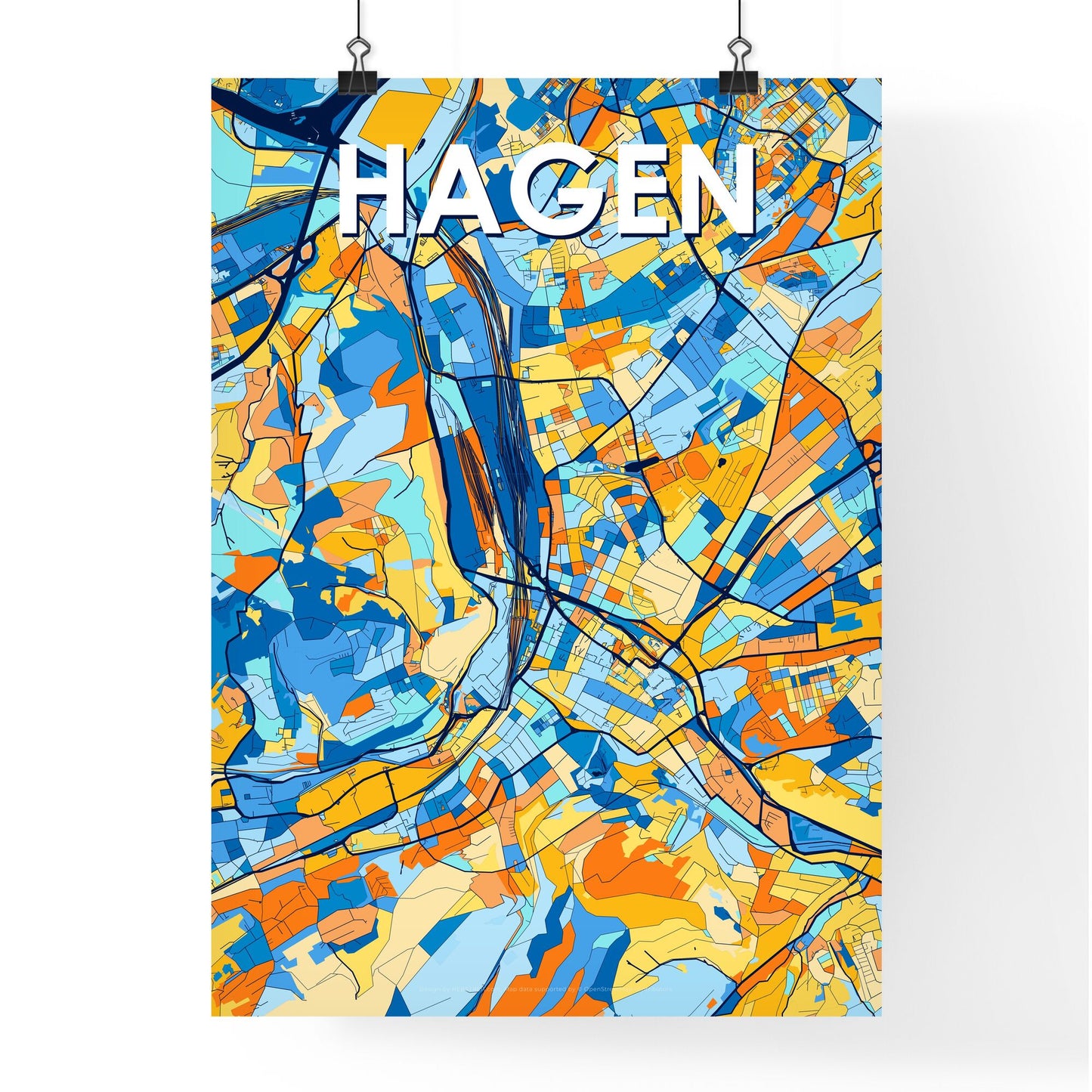 HAGEN GERMANY Vibrant Colorful Art Map Poster Blue Orange