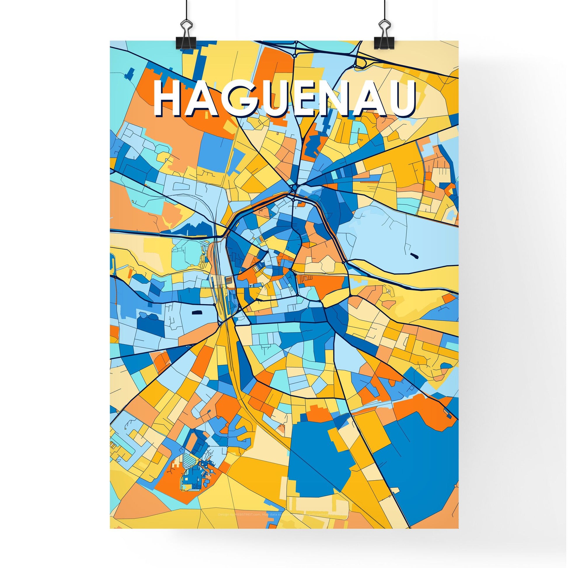 HAGUENAU FRANCE Vibrant Colorful Art Map Poster Blue Orange