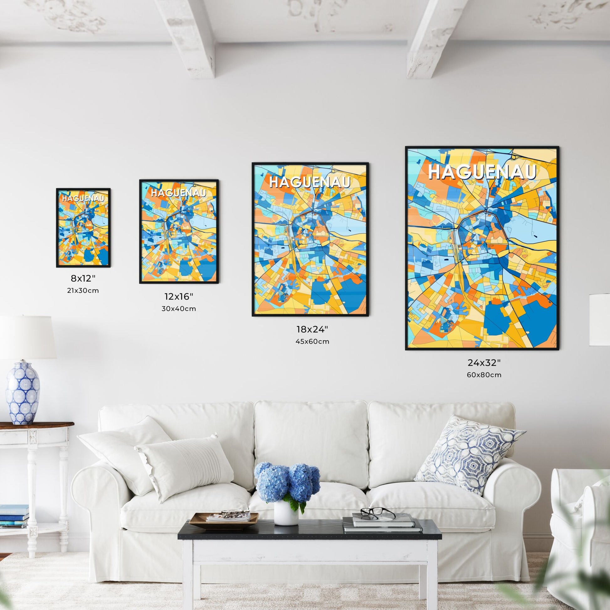 HAGUENAU FRANCE Vibrant Colorful Art Map Poster Blue Orange