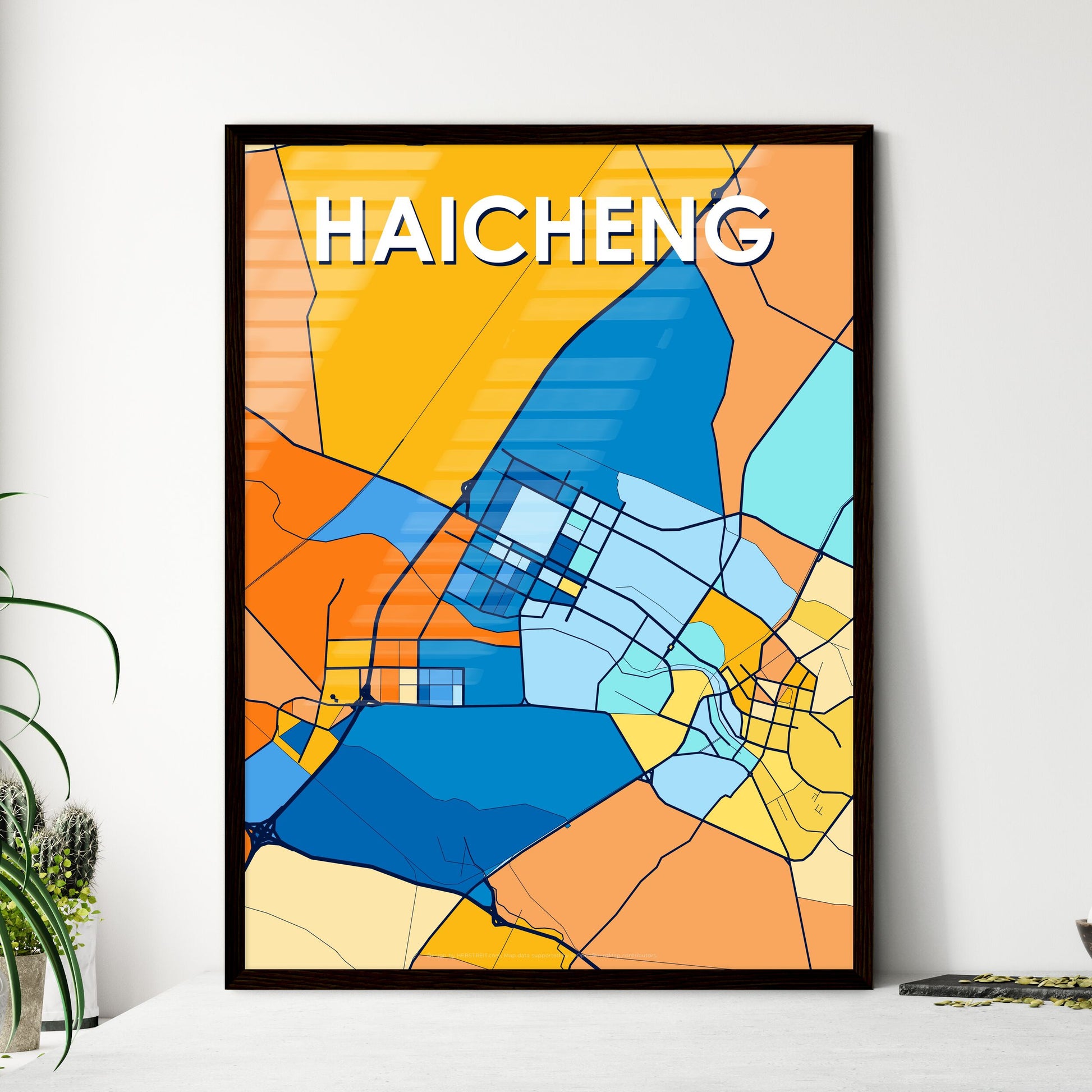 HAICHENG CHINA Vibrant Colorful Art Map Poster Blue Orange