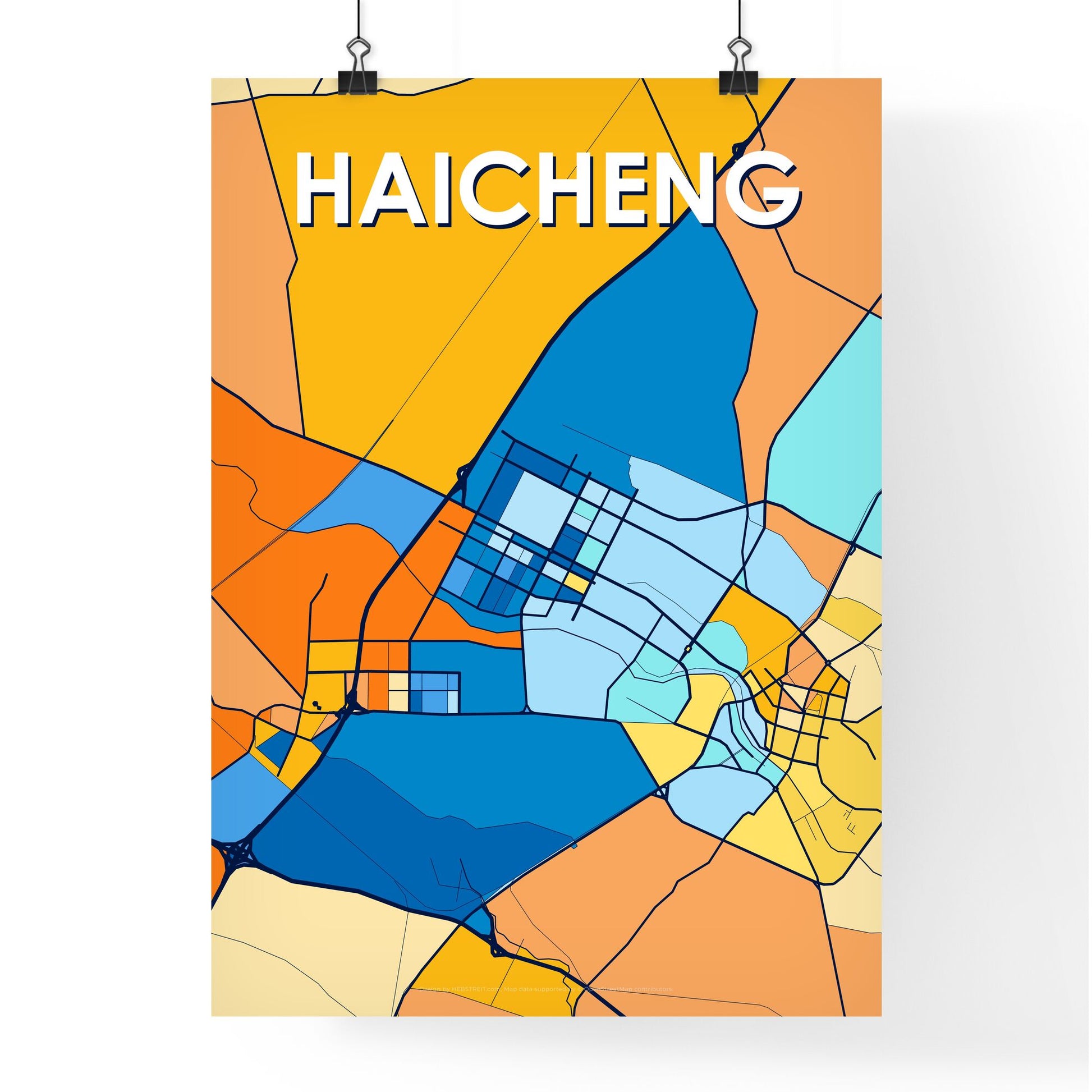 HAICHENG CHINA Vibrant Colorful Art Map Poster Blue Orange