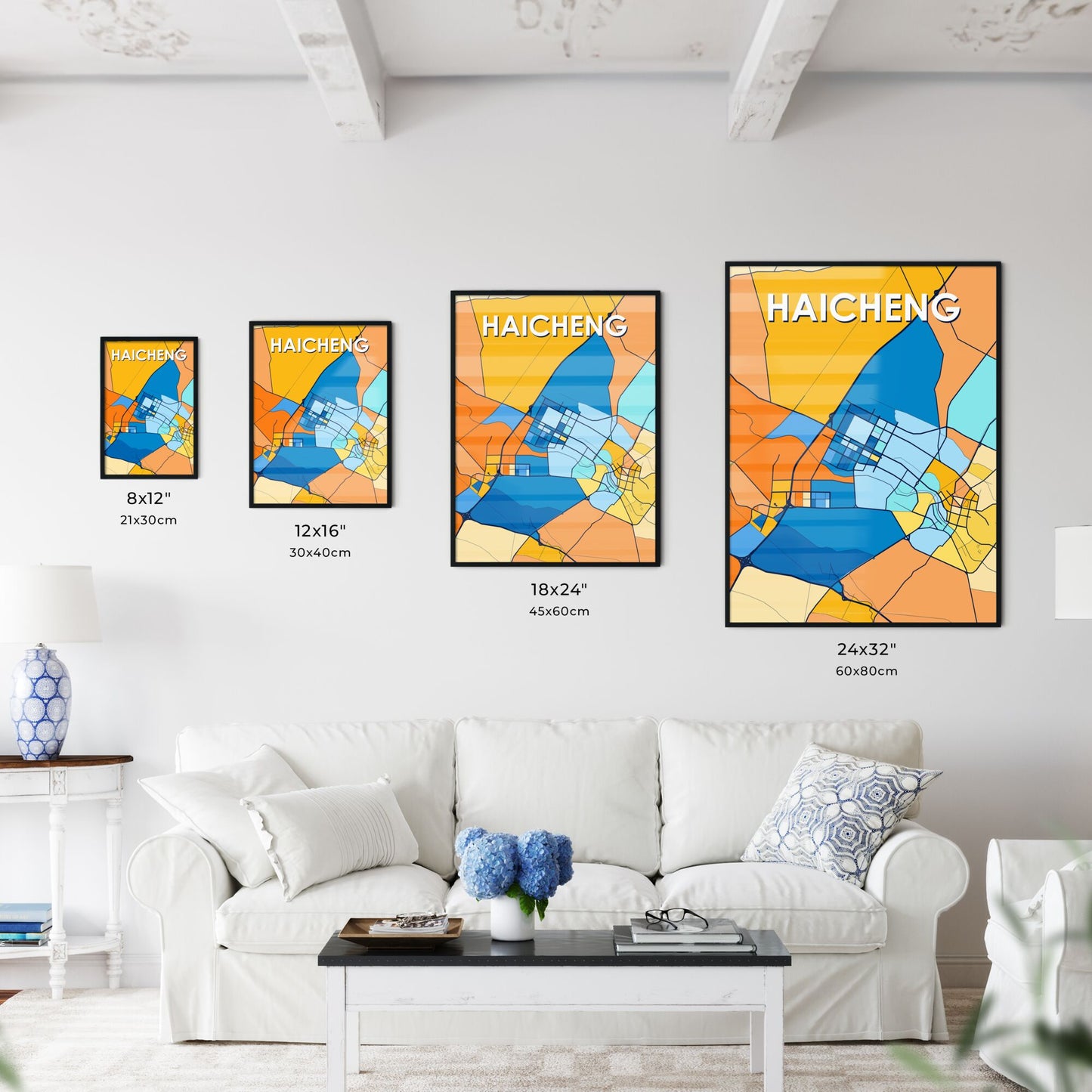 HAICHENG CHINA Vibrant Colorful Art Map Poster Blue Orange