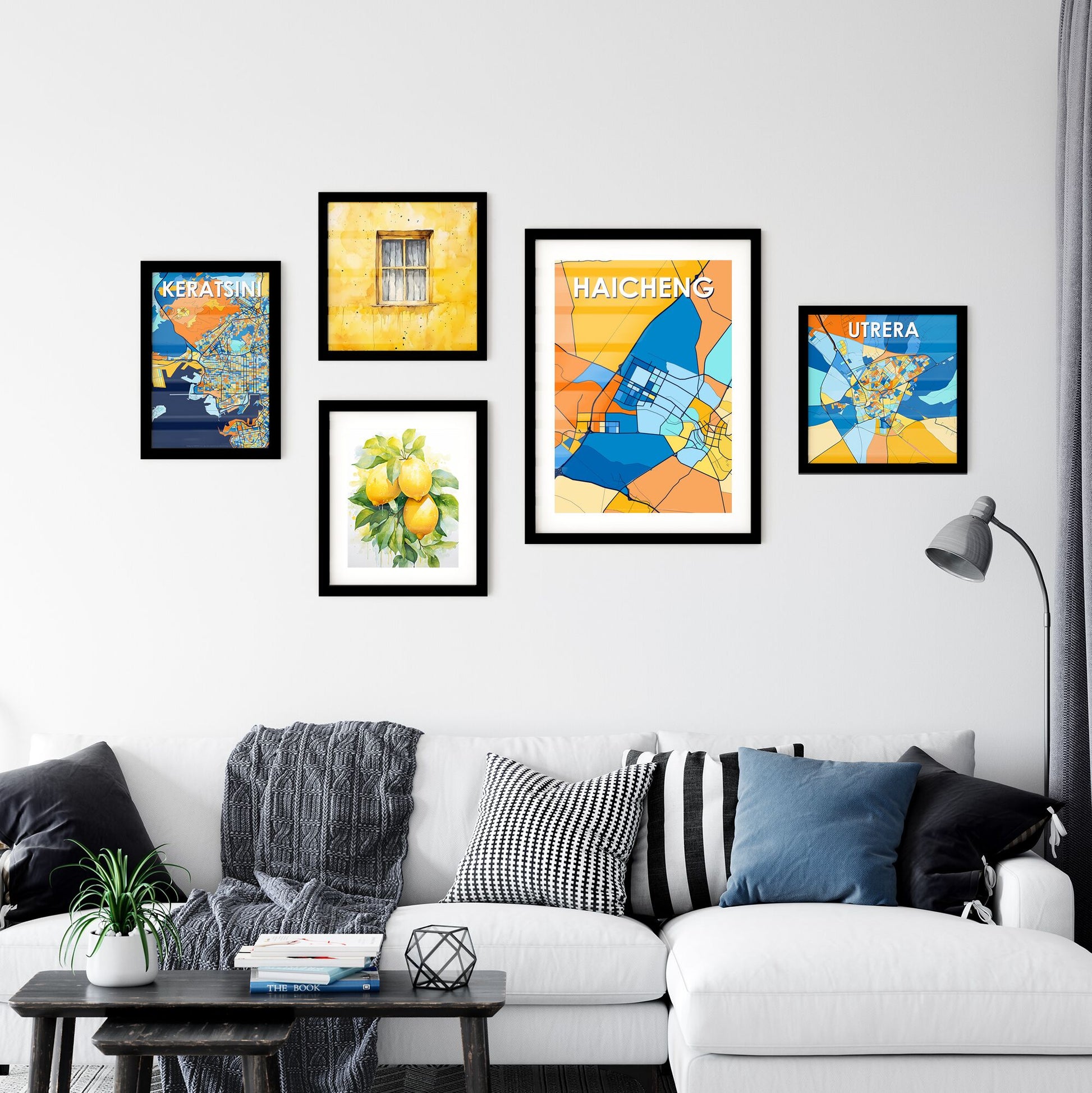 HAICHENG CHINA Vibrant Colorful Art Map Poster Blue Orange