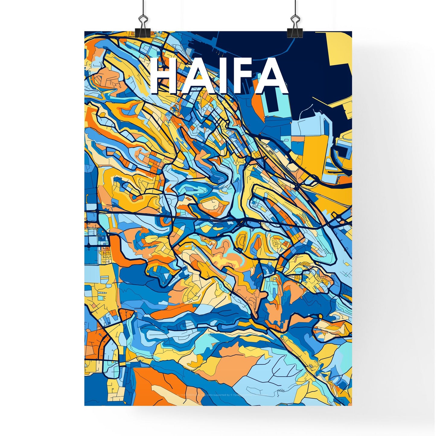 HAIFA ISRAEL Vibrant Colorful Art Map Poster Blue Orange