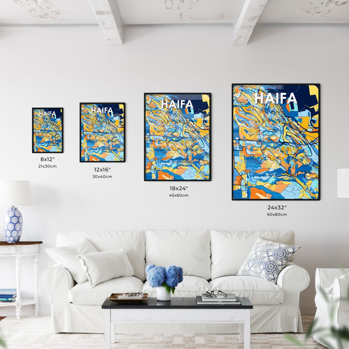 HAIFA ISRAEL Vibrant Colorful Art Map Poster Blue Orange