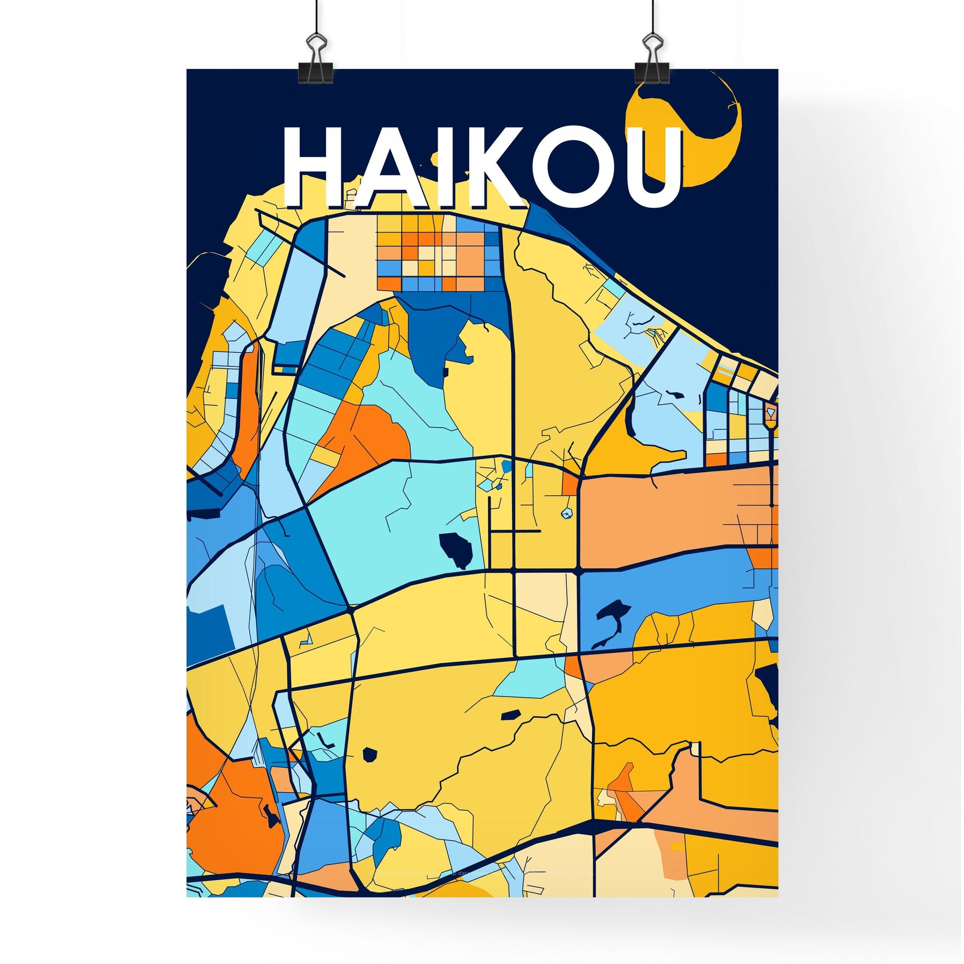 HAIKOU CHINA Vibrant Colorful Art Map Poster Blue Orange