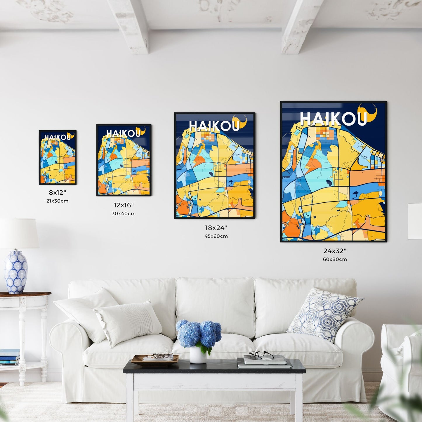 HAIKOU CHINA Vibrant Colorful Art Map Poster Blue Orange