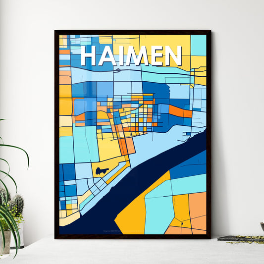 HAIMEN CHINA Vibrant Colorful Art Map Poster Blue Orange