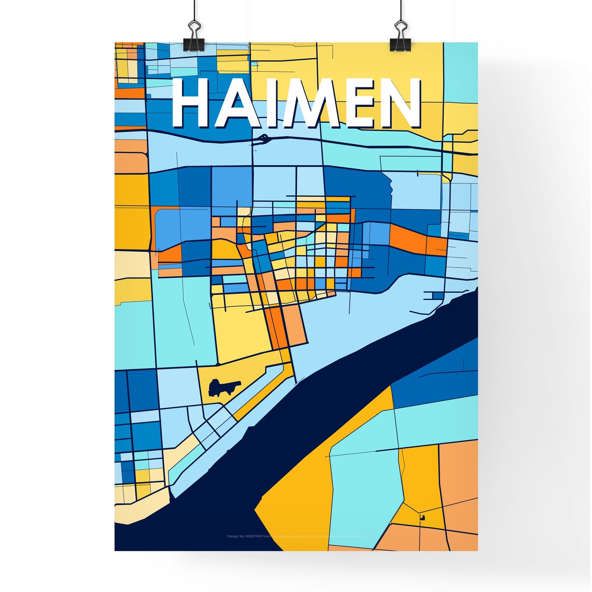 HAIMEN CHINA Vibrant Colorful Art Map Poster Blue Orange