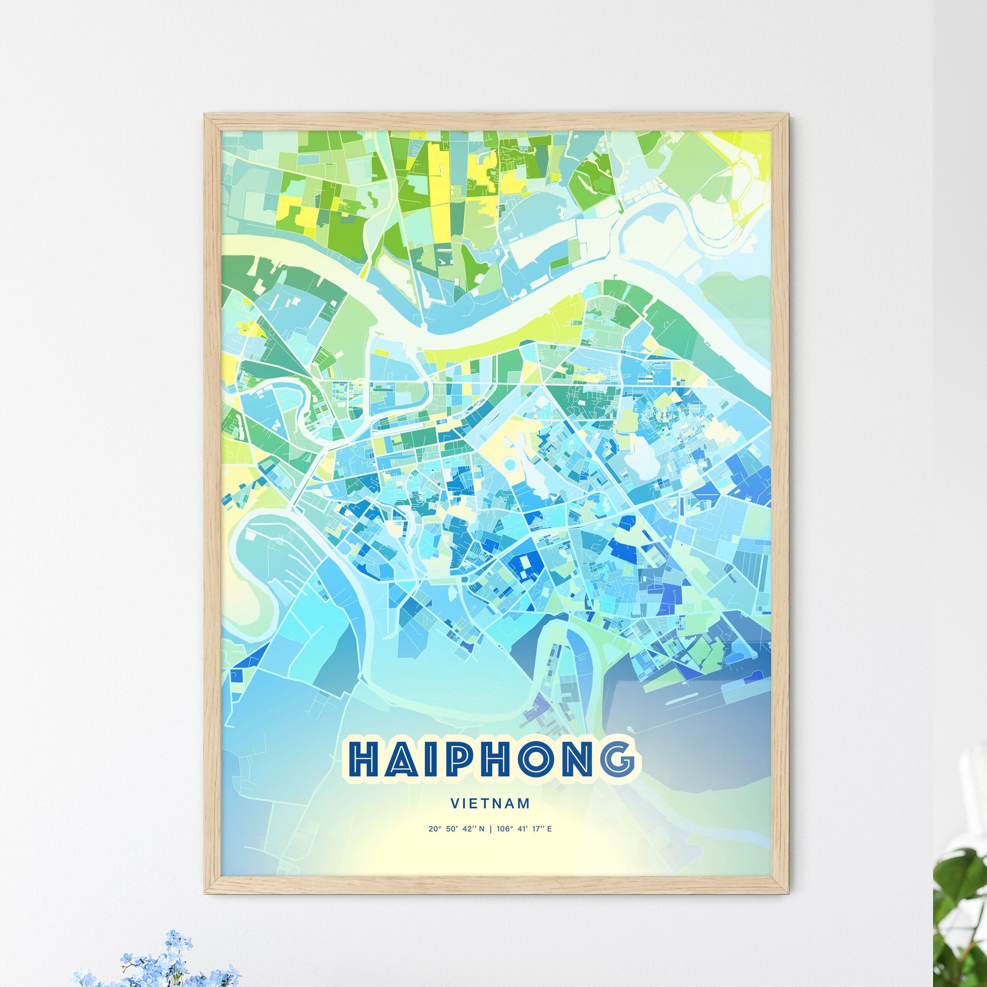 Colorful Haiphong Vietnam Fine Art Map Cool Blue