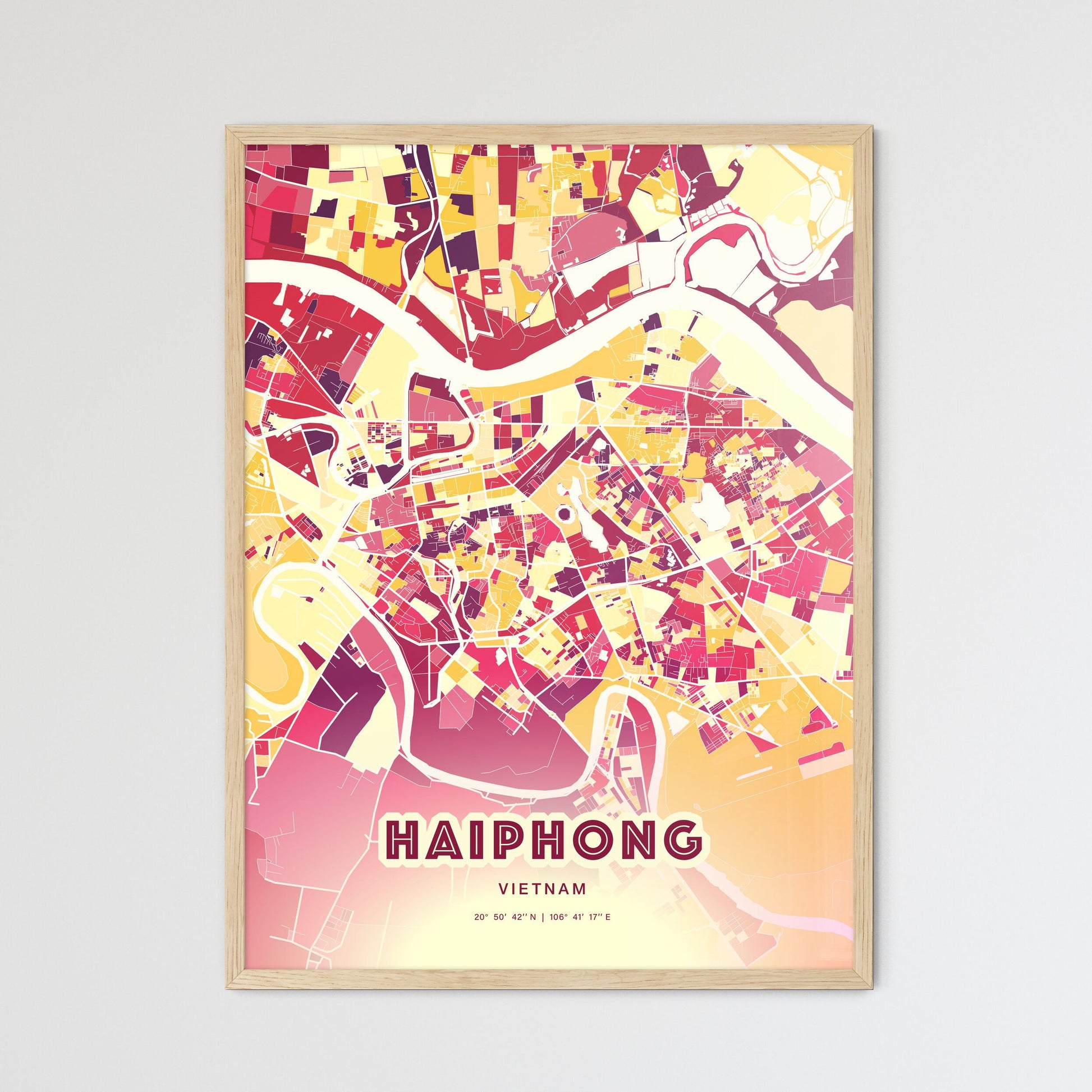 Colorful Haiphong Vietnam Fine Art Map Hot Red