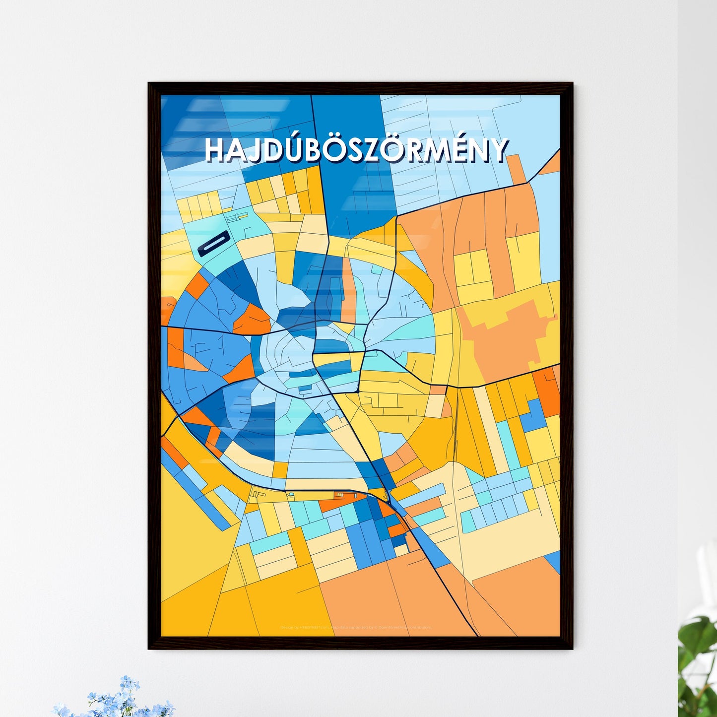 HAJDÚBÖSZÖRMÉNY HUNGARY Vibrant Colorful Art Map Poster Blue Orange