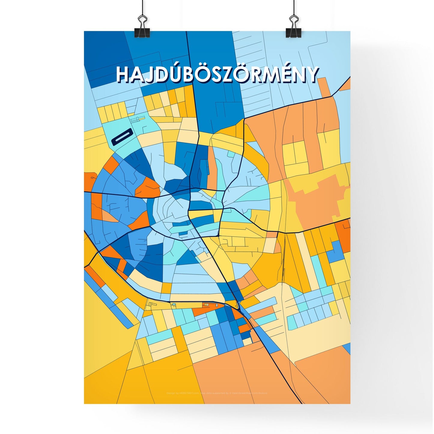 HAJDÚBÖSZÖRMÉNY HUNGARY Vibrant Colorful Art Map Poster Blue Orange