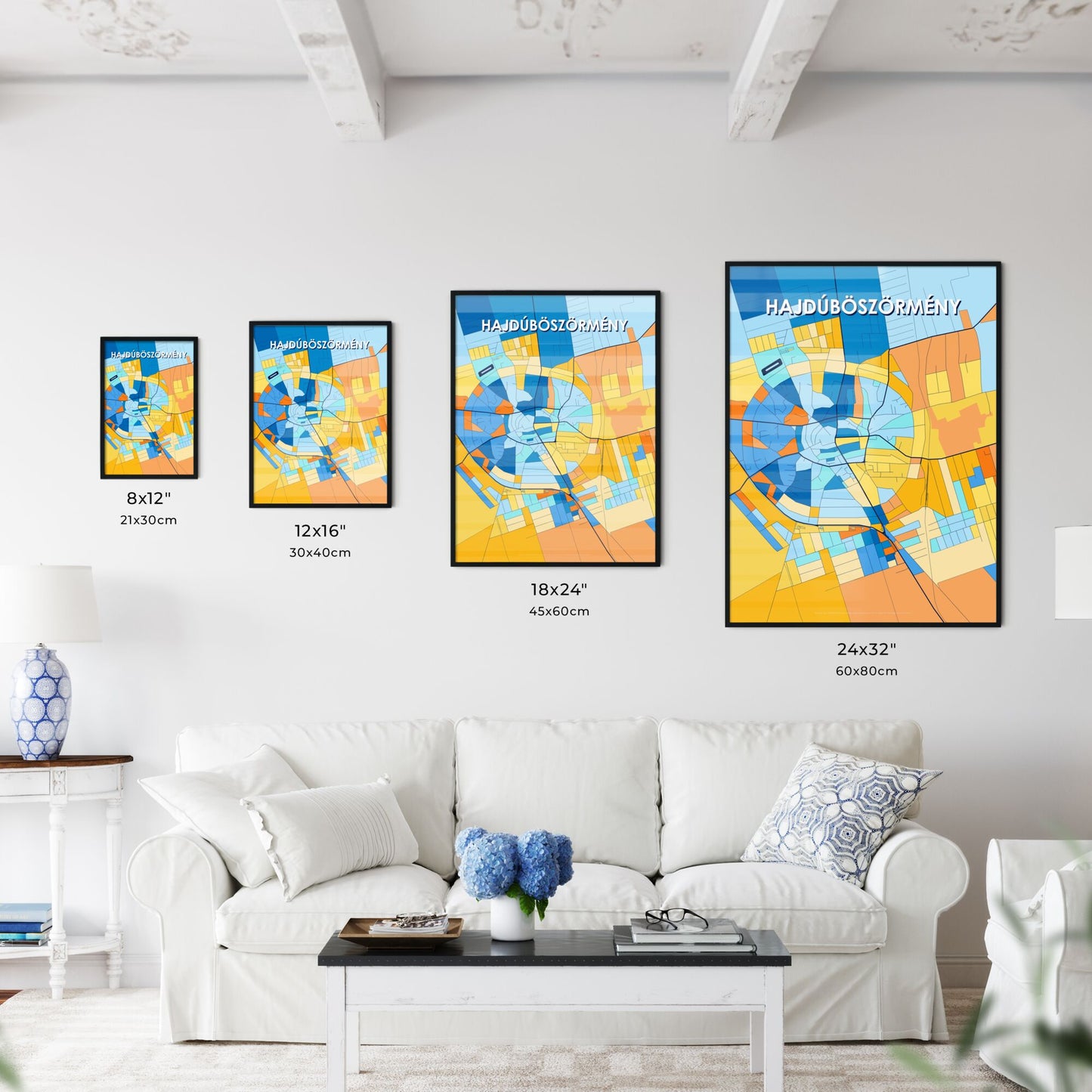 HAJDÚBÖSZÖRMÉNY HUNGARY Vibrant Colorful Art Map Poster Blue Orange