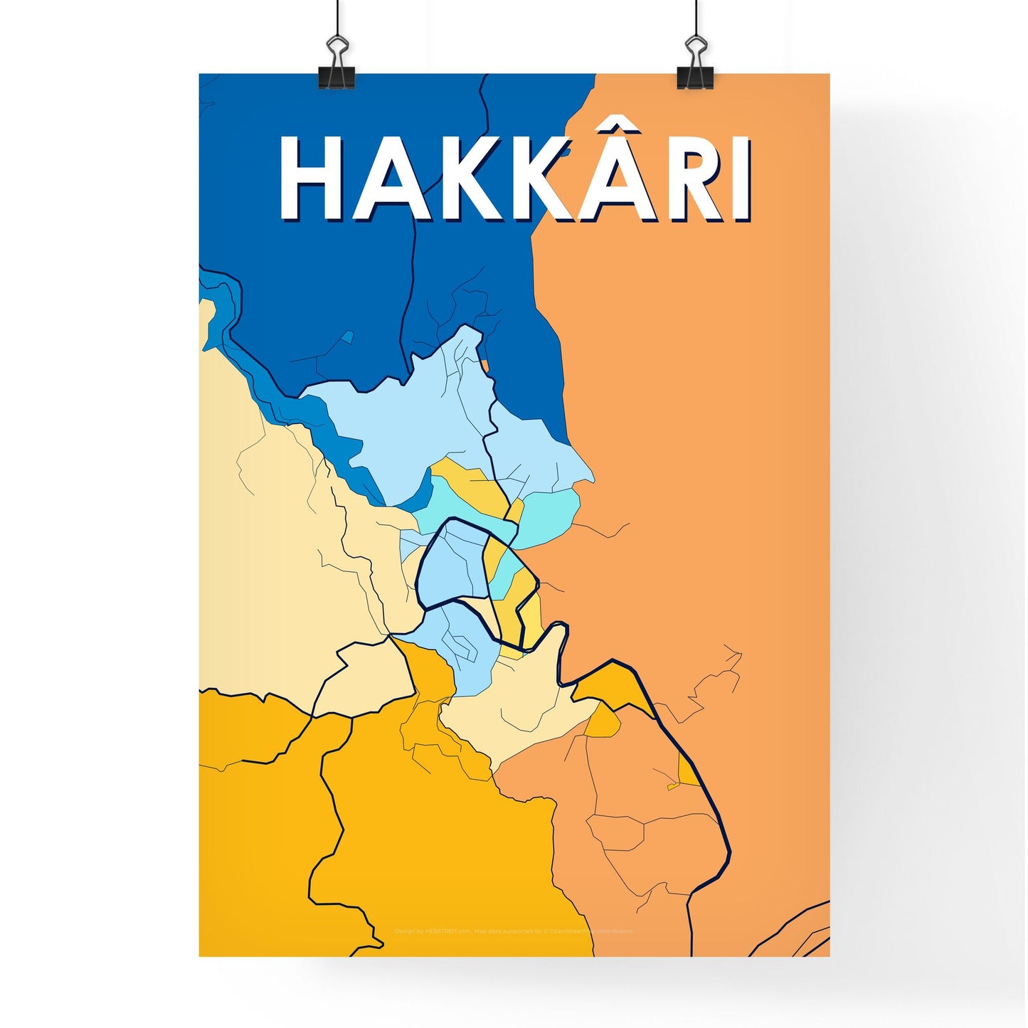 HAKKÂRI TURKEY Vibrant Colorful Art Map Poster Blue Orange