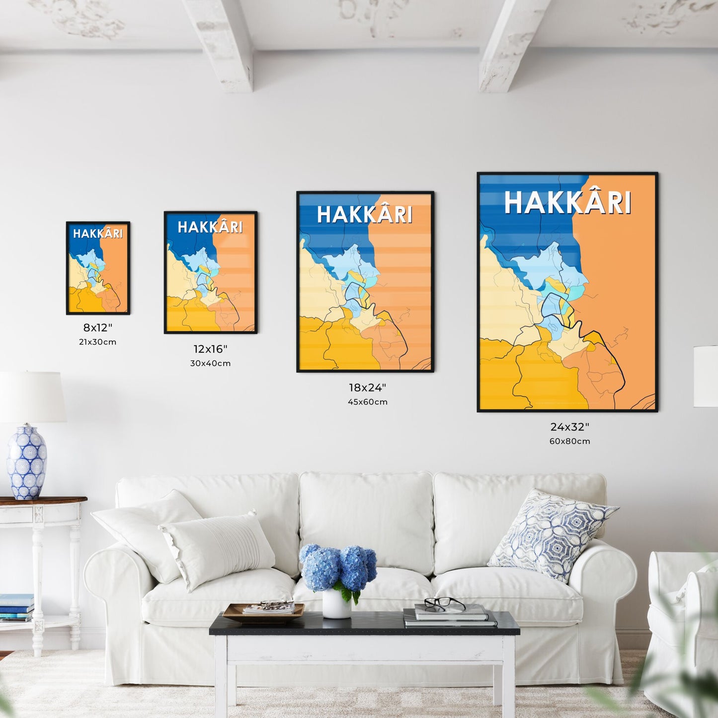 HAKKÂRI TURKEY Vibrant Colorful Art Map Poster Blue Orange