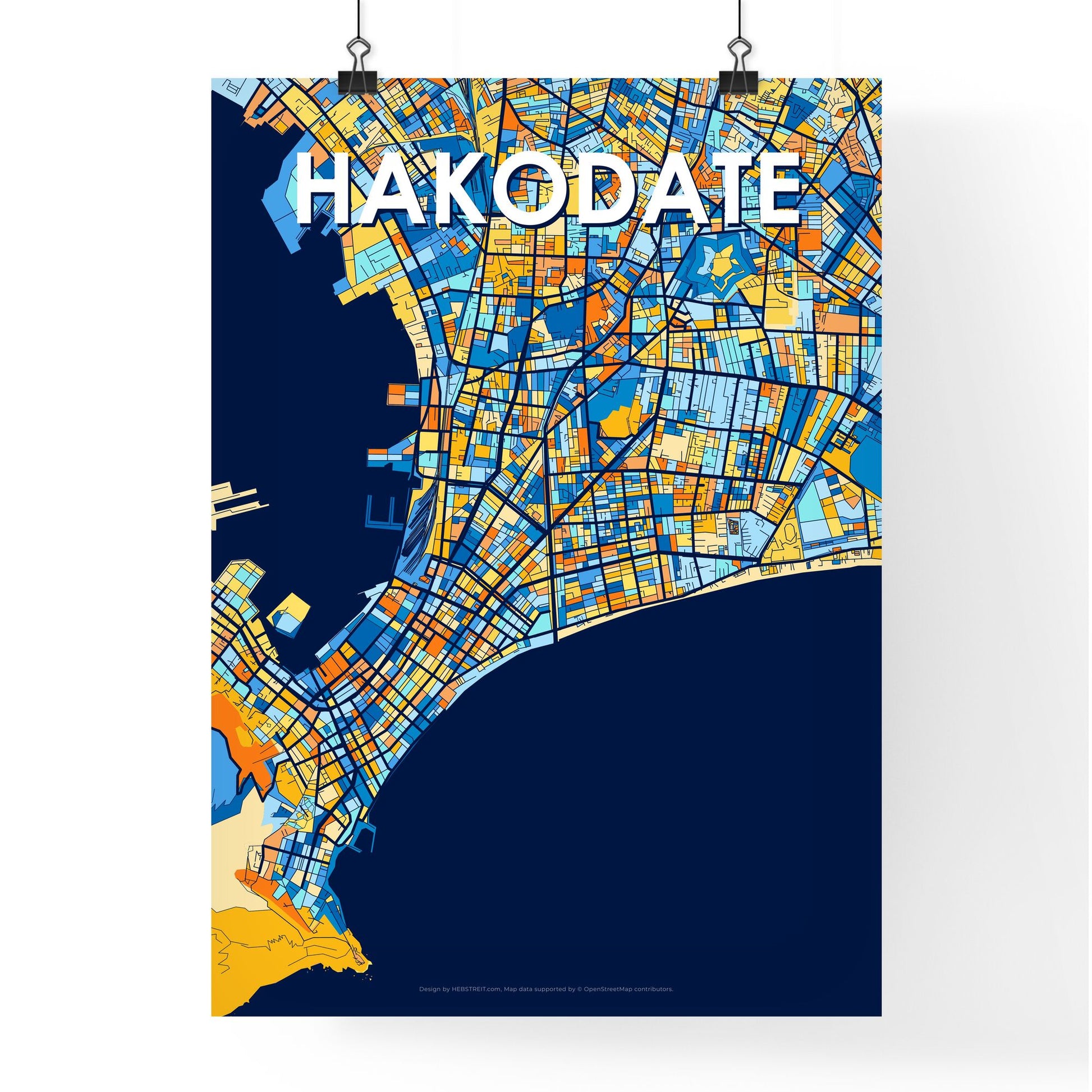 HAKODATE JAPAN Vibrant Colorful Art Map Poster Blue Orange